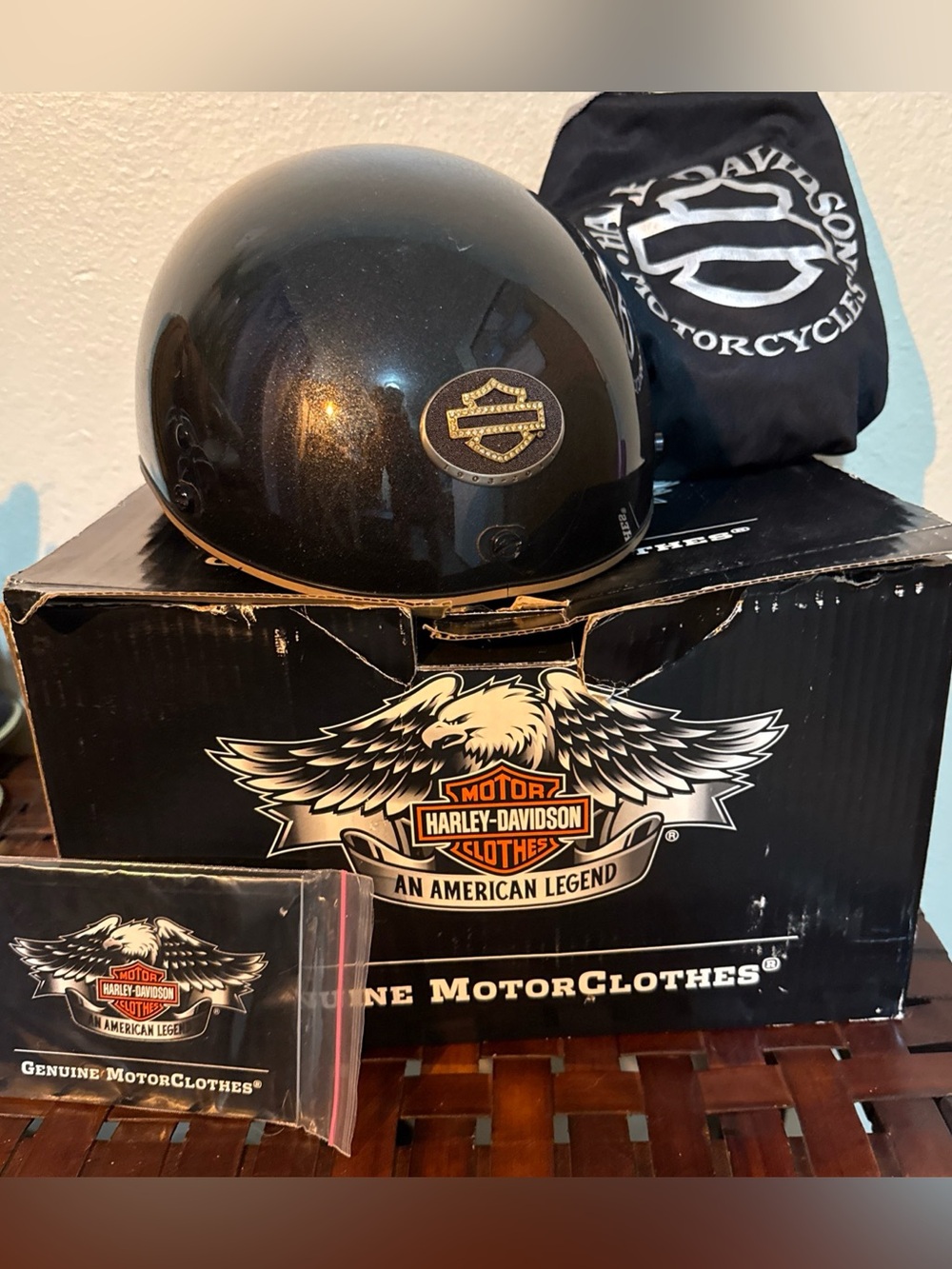 Harley-Davidson Black Metallic Half Helmet with Crystals Stones Logo Box Dustbag